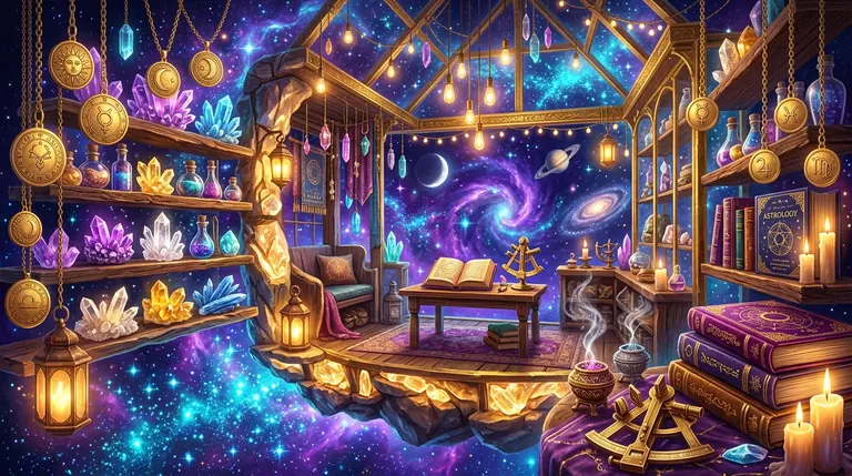 Ilustración de una biblioteca celeste con libros y objetos zodiacales