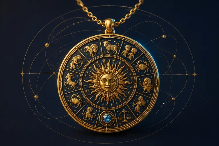 Ilustración de un colgante dorado con motivos zodiacales
